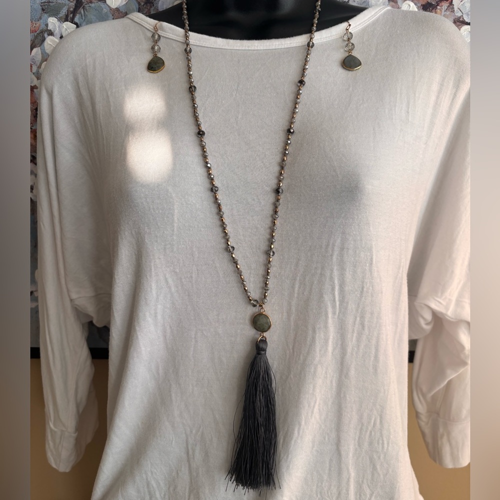 Grey and Gold Tassel Long Necklace and Earring Set